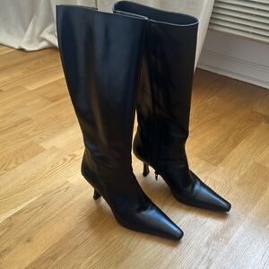 Stuart Weitzman Black Knee High Leather Heeled Pointed Toe Boots